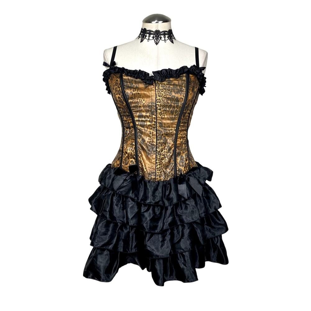 Dreamgirl Leopard Print Black Ruffle Bow Satin Corset Dress Goth Emo Alt Fetish